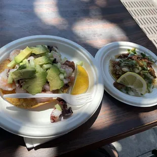 Shrimp &amp; octopus tostada and pastor taco