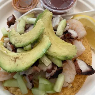Shrimp &amp; octopus tostada.