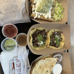 Flautas , tacos asada , pastor quesadilla