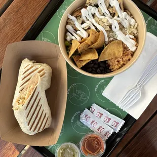 Chicken burrito and a chicken bowl. Yum