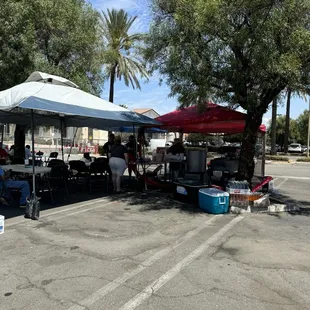 Tables set up next to food truck