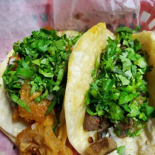 Chicharron and lengua tacos