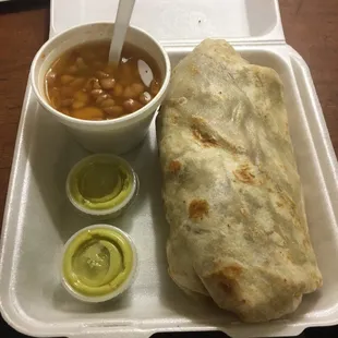 Al pastor California burrito, bean pozole and green sauce.  Best $5 you could spend!