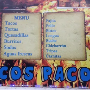 Menu and meat choices