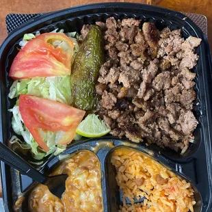 meat, rice, and vegetables