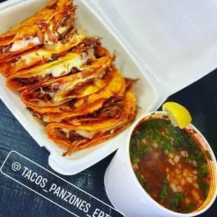Quesabirria Tacos with a side of Birria Ramen
