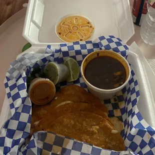 my togo plate, #03 Quesabirria Tacos (3) for $13. all of the toppings are included