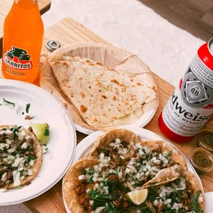 Tripa and Asada tacos. Cheese quesadilla.