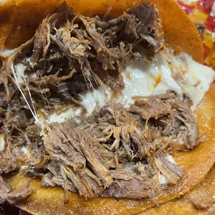 shredded beef and cheese on a tortilla
