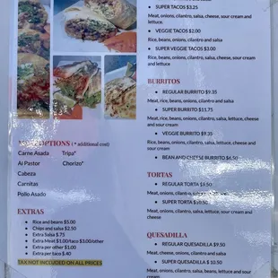 a menu for tacos peralta