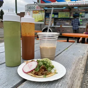 Carnitas taco and agua de horchata