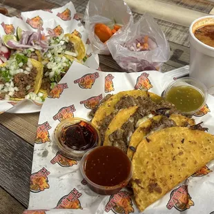 Late night snack!  Tacos De Birria with cheese and consume dipping sauce.  Also street tacos (lengua, cabeza, asada and tripa).