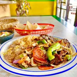 Mixed Fajitas with shrimp, steak and chicken.