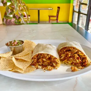 Chorizo Breakfast Burrito, you can add beans as well!