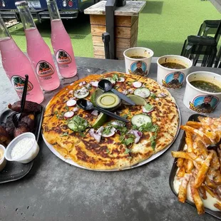 Birria pizza, Queso Fries, Fried Plantains