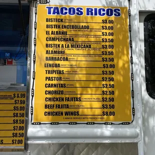 Menu as of April 2021