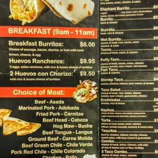 a menu for breakfast burritos