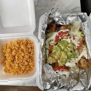 Flautas with rice.  I thought this also had beans, but everything is so tasty I don't need them!