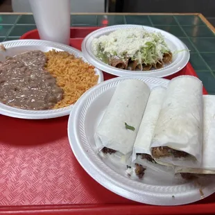 Rice &amp; beans, beef flautas, tacos (carnitas and carne asada).