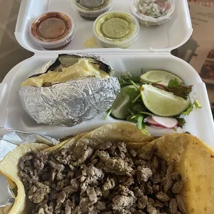 sirloin tacos with baked potato and apparently a lot of butter.