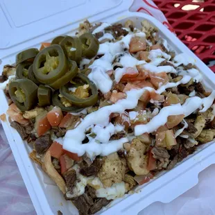 Nachos with steak and chicken