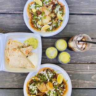 Steak quesadilla with guacamole &amp; sour cream; al pastor, tripa tacos, salsa verde, Coke!