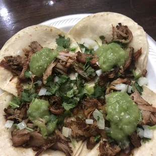 Carnitas tacos w guac salsa.