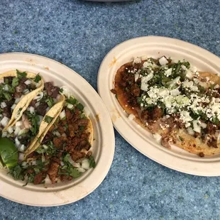 Suadero, Cabeza, Al pastor Tacos. Right plate, Huarache