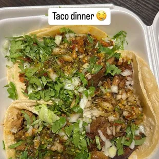 Carne Asada Tacos, Carnitas Tacos, and Al Pastor Tacos