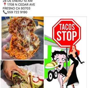 a picture of tacos stop and a picture of a woman holding a tortilla