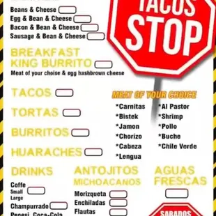 a menu for tacos stop