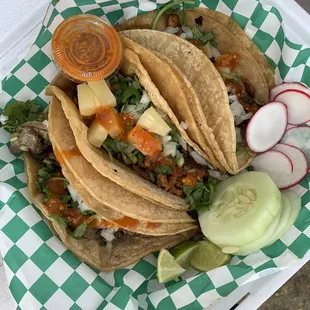 Tacos asada, al pastor, and chorizo