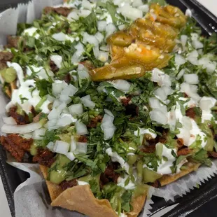 Nachos with half carne asada half al pastor.