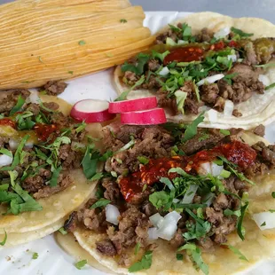 Chicken tamale an 3 Asada Tacos