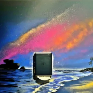 a painting of a beach scene
