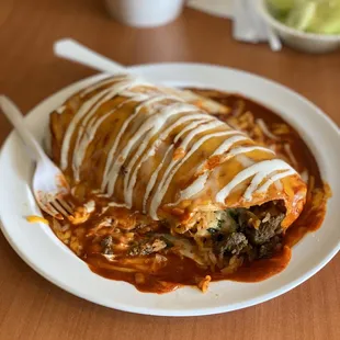 Wet Asada Burrito with Red sauce