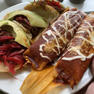 Cochinita Pibil and chicken tamales