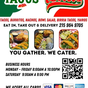 Tacos burritos nachos bowl Barria salad gyros chips chicken lamb beef steak fish shrimp and much more