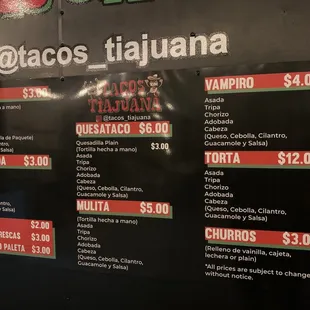 Menu as of May 2023