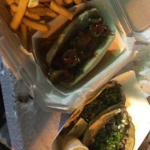 My first time coming here I had got steak tacos and a Mexican hot dog  and some fries I will be coming back soon