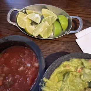 Horrible guac.  Store bought salsa. And asked for limes and we got a whole tray. Flavorless limes to boot.