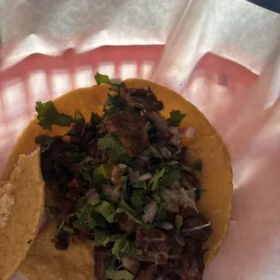 Carne asada taco served with guacamole but I asked for it on side today.