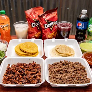 Family bundle, 1lb of meat, corn or flour homemade tortillas, cilantro, onion, guacamole, salsas