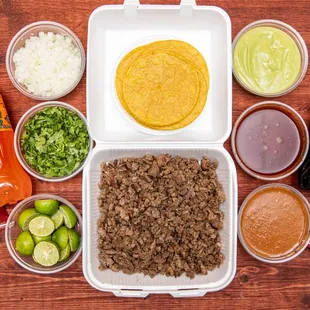 Family bundle, 1lb of meat, corn or flour homemade tortillas, cilantro, onion, guacamole, salsas