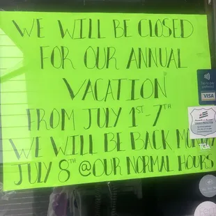 FYI- annual vacation the first week of July!