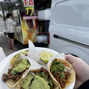 Asada with guacamole, and the Barria taco on the right side.