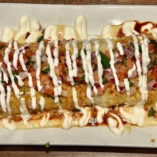 Burrito Del Mar, filled with shrimp and crabmeat.