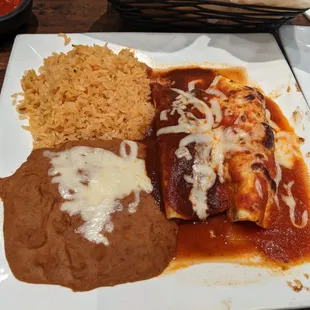 Medium combo platter, one chicken enchilada, one chicken burrito, rice and refried beans