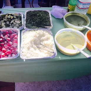 The salsa and taco toppings all 3 salsas are delicious !