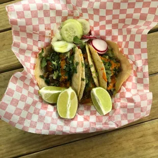 Pastor bistec and tripa fried  Been coming here for a year  Buena jente siempre atentos  My preferred late night taco spot